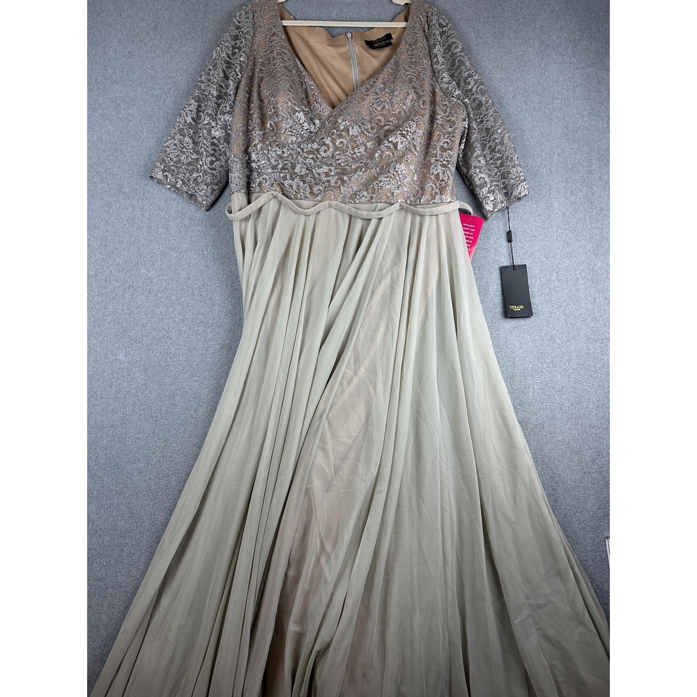 Terani Couture Dress Womens 24W Beige Lace Chiffon A-Line Maxi Formal Gown NWT